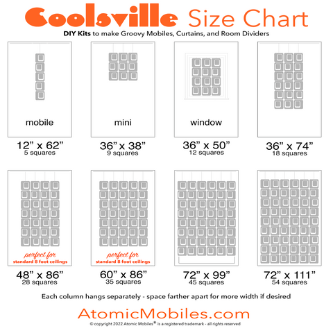 Tabla de tallas XL Coolsville para divisores de ambientes y móviles de arte cinético colgantes modernos de mediados de siglo retro de los años 60 y 70 de AtomicMobiles.com