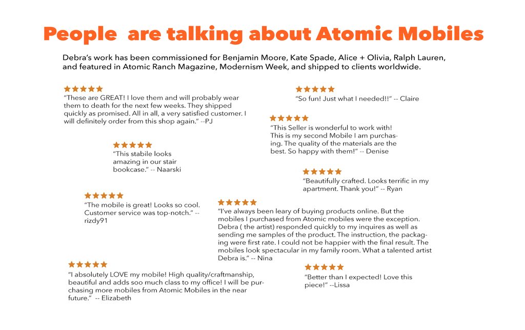 People are talking about Atomic Mobiles - 5 star reviews of AtomicMobiles.com hanging art mobiles, room dividers, lamps, earrings and more
