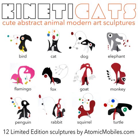 The KinetiCats Collection of 12 kinetic modern art sculptures is an homage to the wonderful world of animals and made to order by AtomicMobiles.com