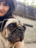 Debbie - artist, owner and founder of AtomicMobiles.com - with Pugaroo the adorable Pug
