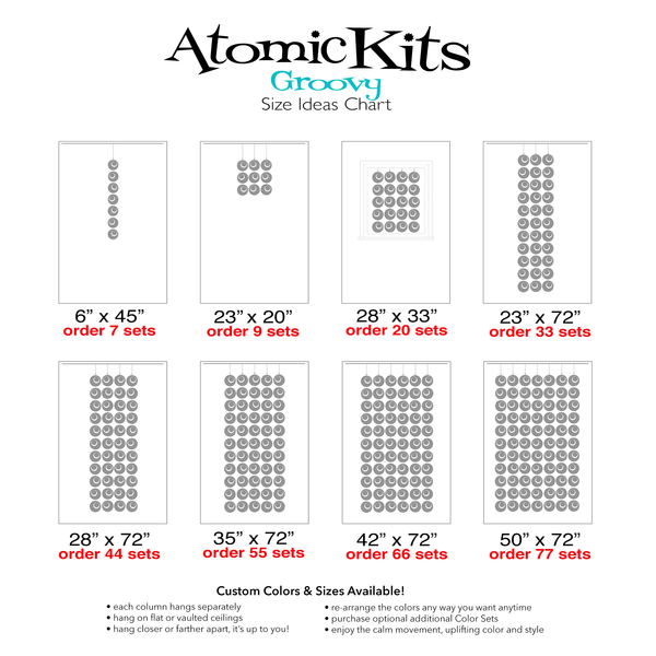 Tabla de tallas para biombos, cortinas y móviles Groovy de AtomicMobiles.com