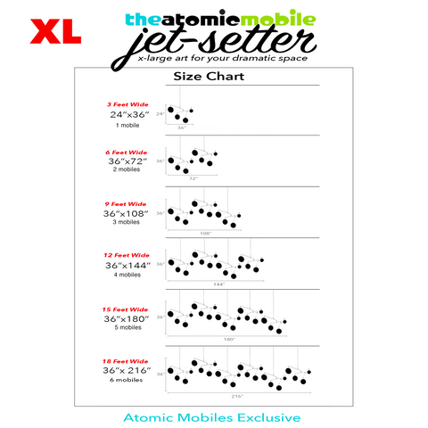 XL Jetsetter Size Chart for mid century modern kinetic hanging art mobiles in large sizes by AtomicMobiles.com