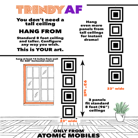 Schéma montrant la taille du mobile d'art suspendu vertical TRENDY AF XXL avec des motifs géométriques par AtomicMobiles.com