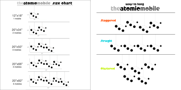 The Atomic Mobile Size Chart and examples of ways to hang the kinetic art mobile by AtomicMobiles.com