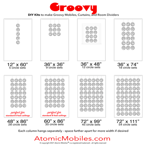 Tableau des tailles pour les mobiles d'art suspendus et les séparateurs de pièce Groovy XL Mid Century Modern Retro par AtomicMobiles.com