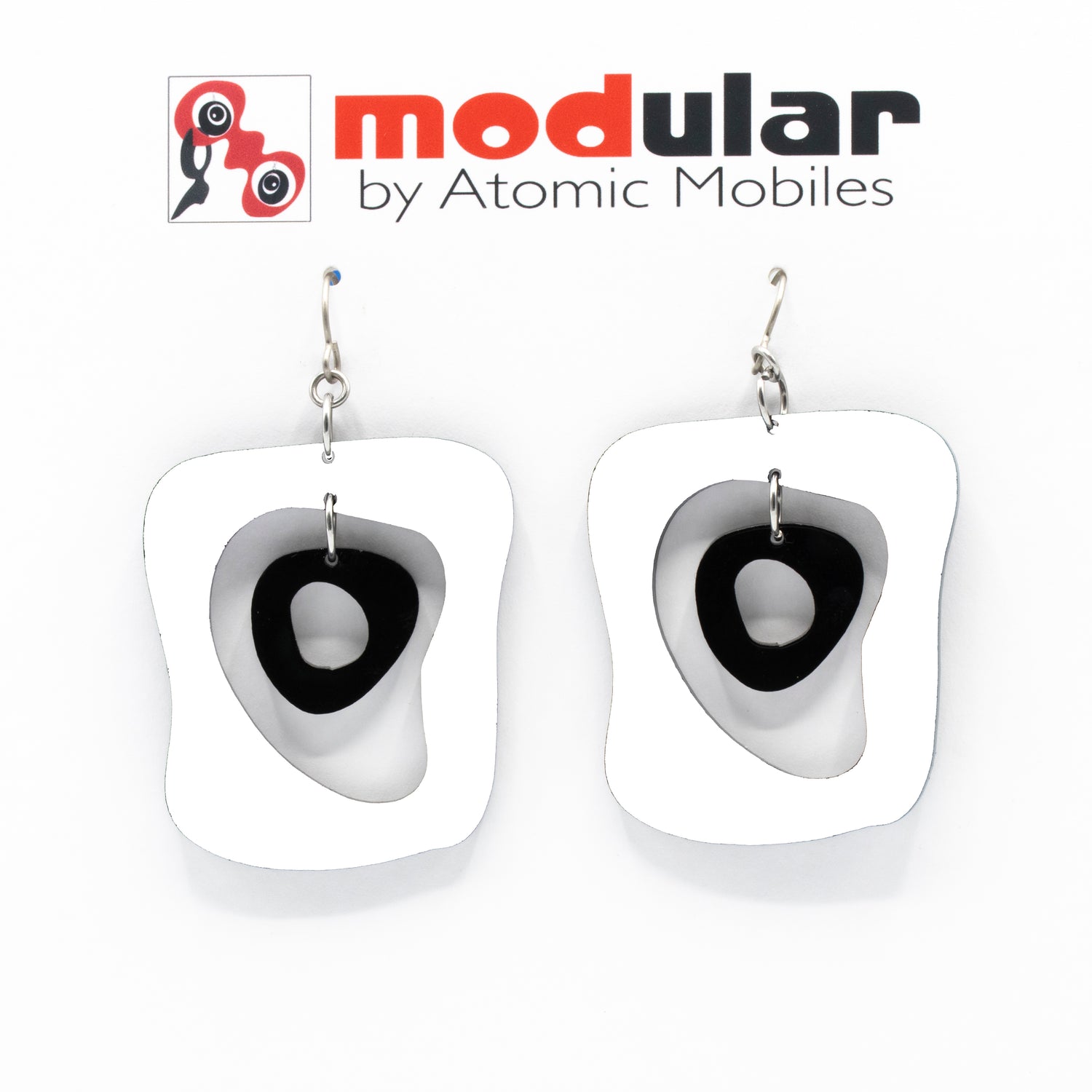 MODular Earrings - Mid Mod Statement Earrings in White and Black by AtomicMobiles.com - mid century inspired modern art dangle earrings