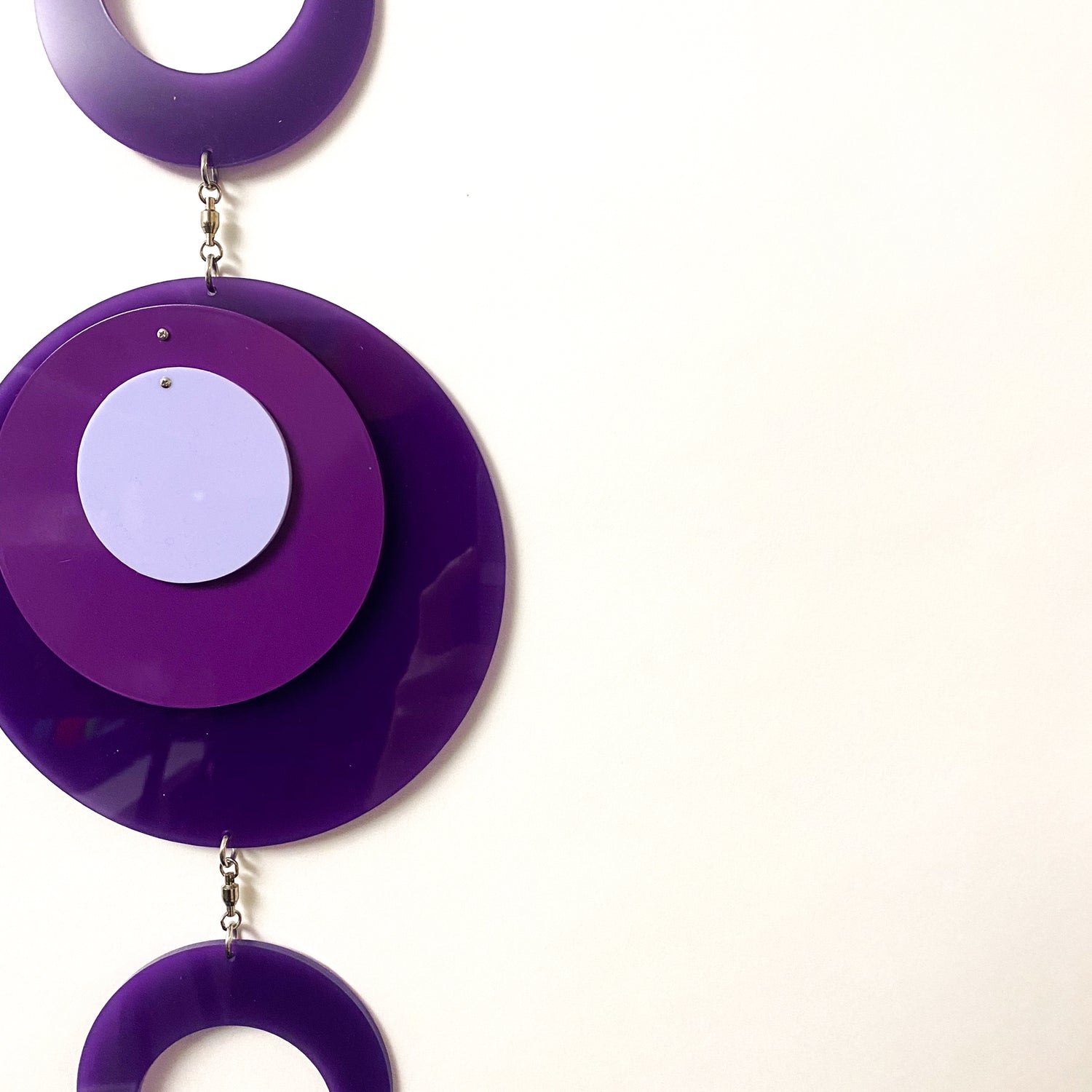 Hot Retro 1970s vertical kinetic art mobile in purple circle DOTS ready to ship today by AtomicMobiles.com