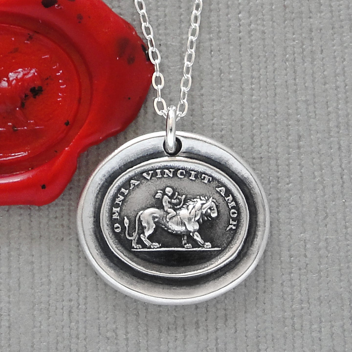 Love Conquers All - Silver Wax Seal Necklace Cupid And Lion – RQP Studio