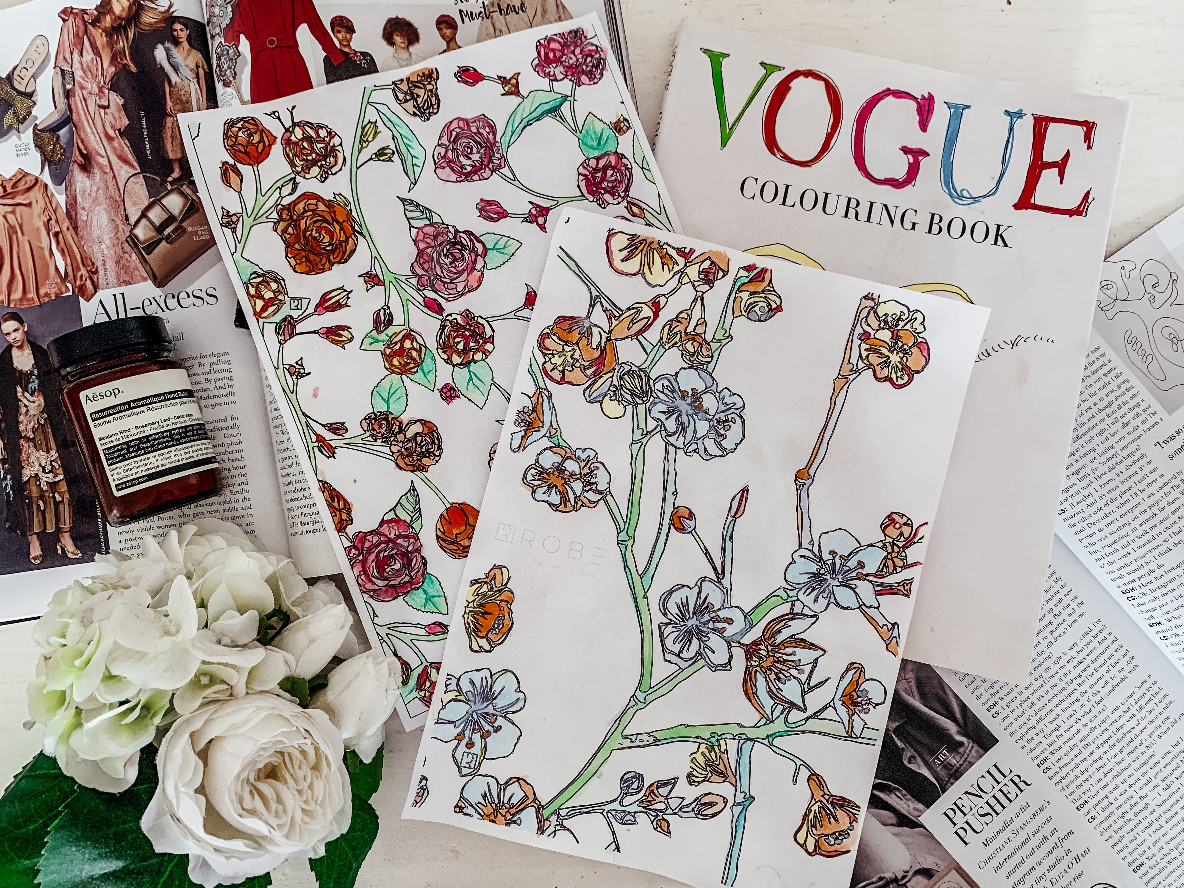 Robe mindful colouring pages with flowers and VOGUE colouring book