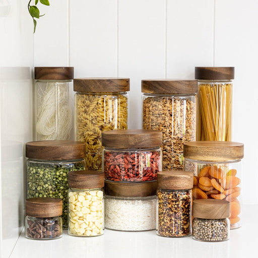 Acacia Wood Glass Kitchen Storage Jar 500ml for Pantry Organisation, Pantry Containers