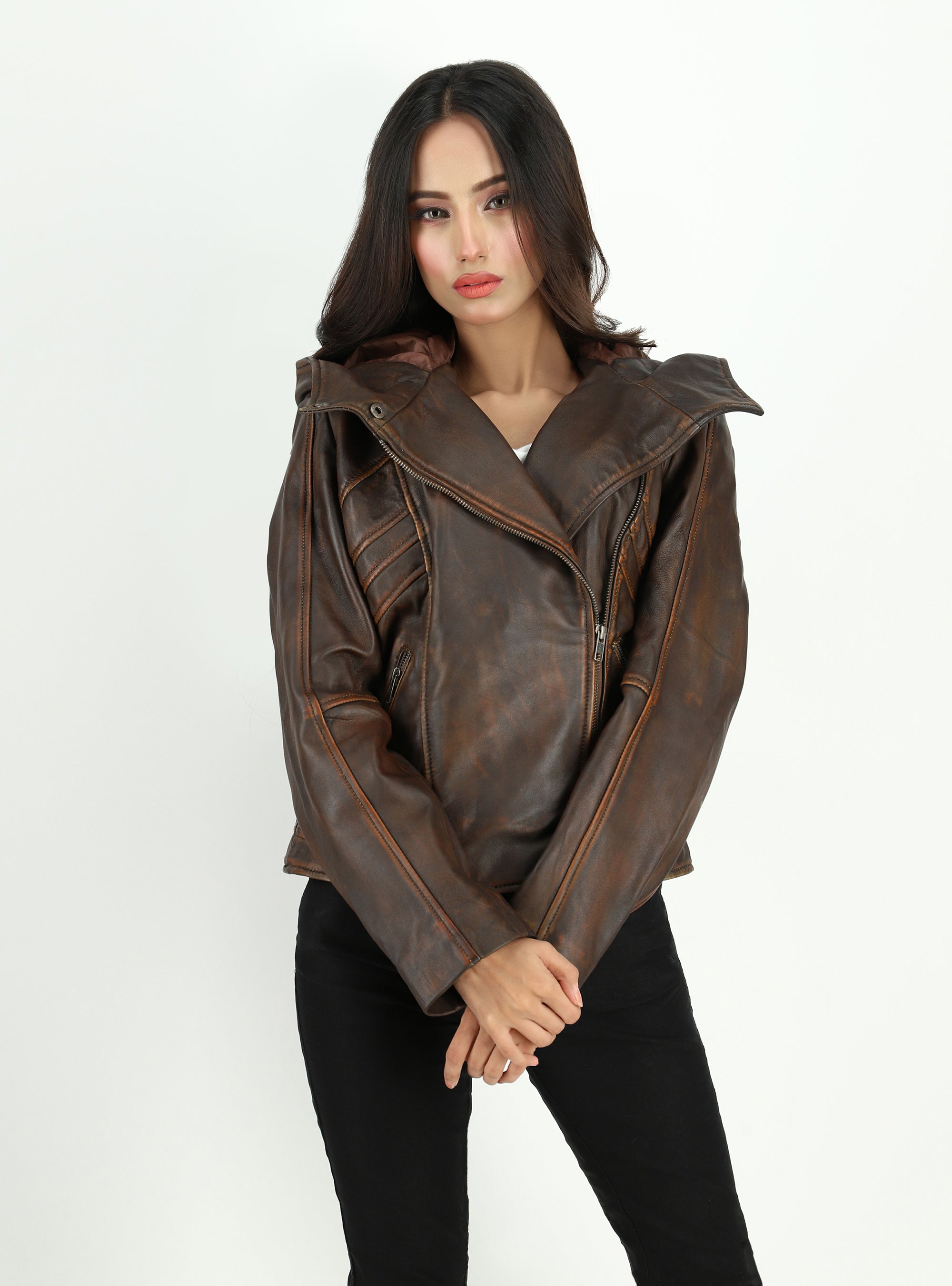 Womens Leather Jacket with Sweatshirt Hood | Black Asymmetrical In Europe