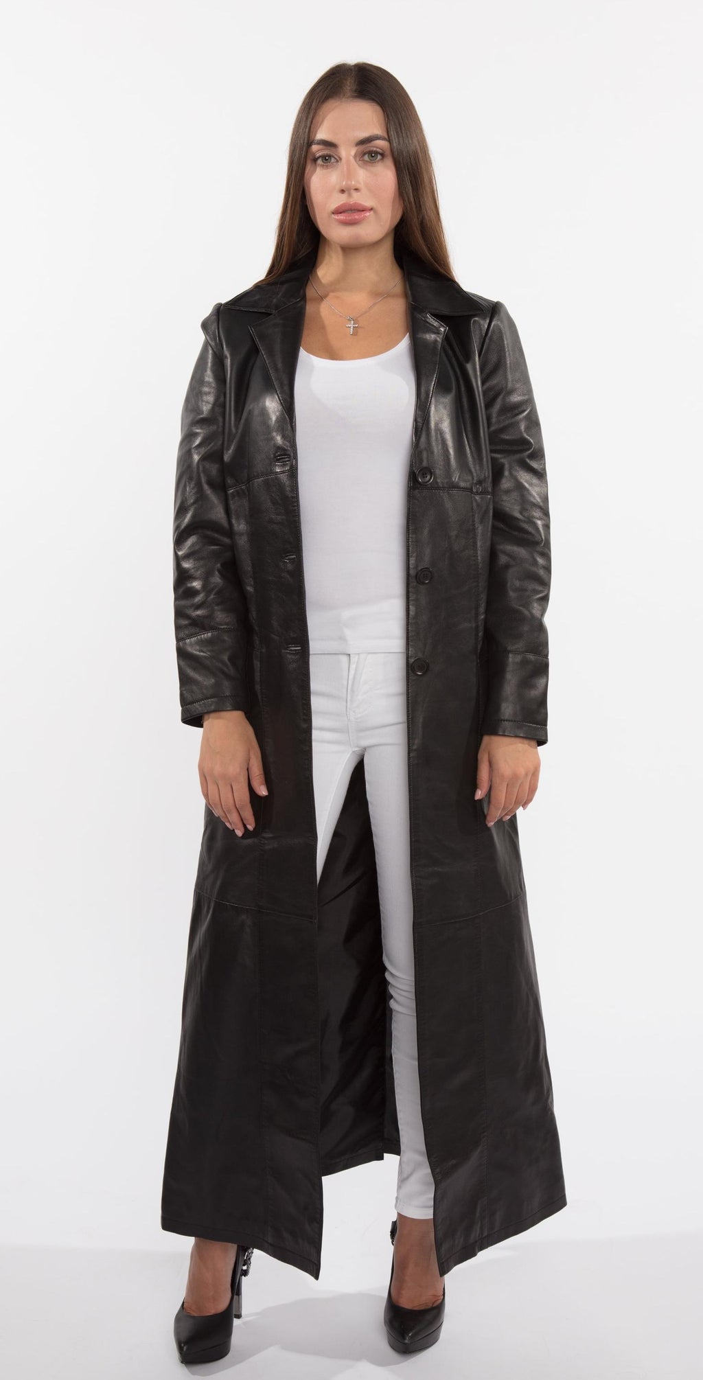 Ladies 3 Button Matrix Leather Coat Long Trench – FADCLOSET