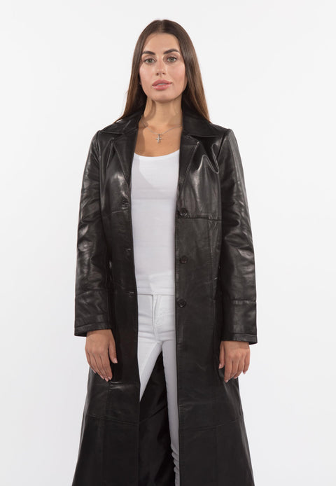 Ladies 3 Button Matrix Leather Coat Long Trench – FADCLOSET