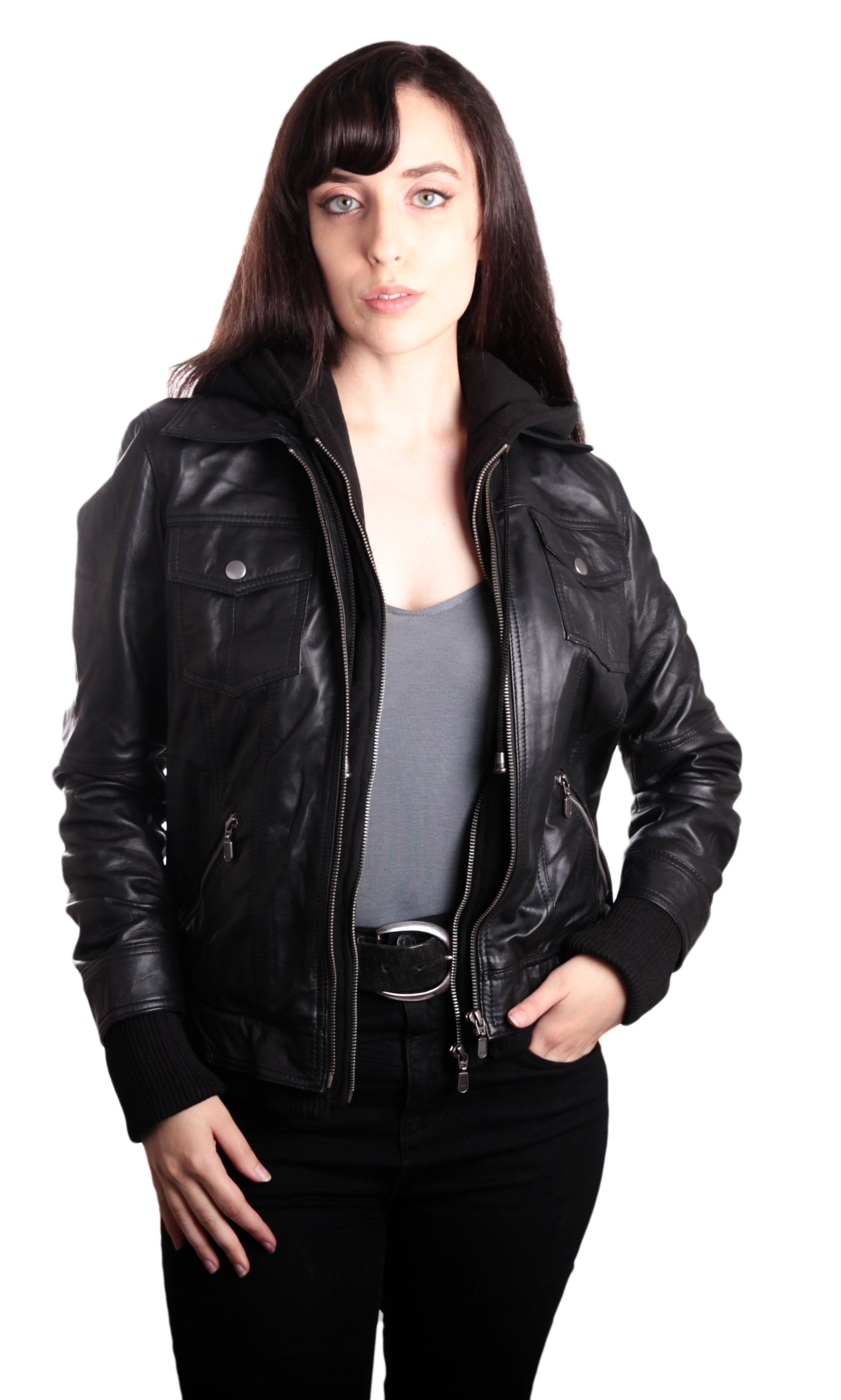 Hooded Bomber Womens Leather Jacket - Clearance Womens Leather Jacket ...