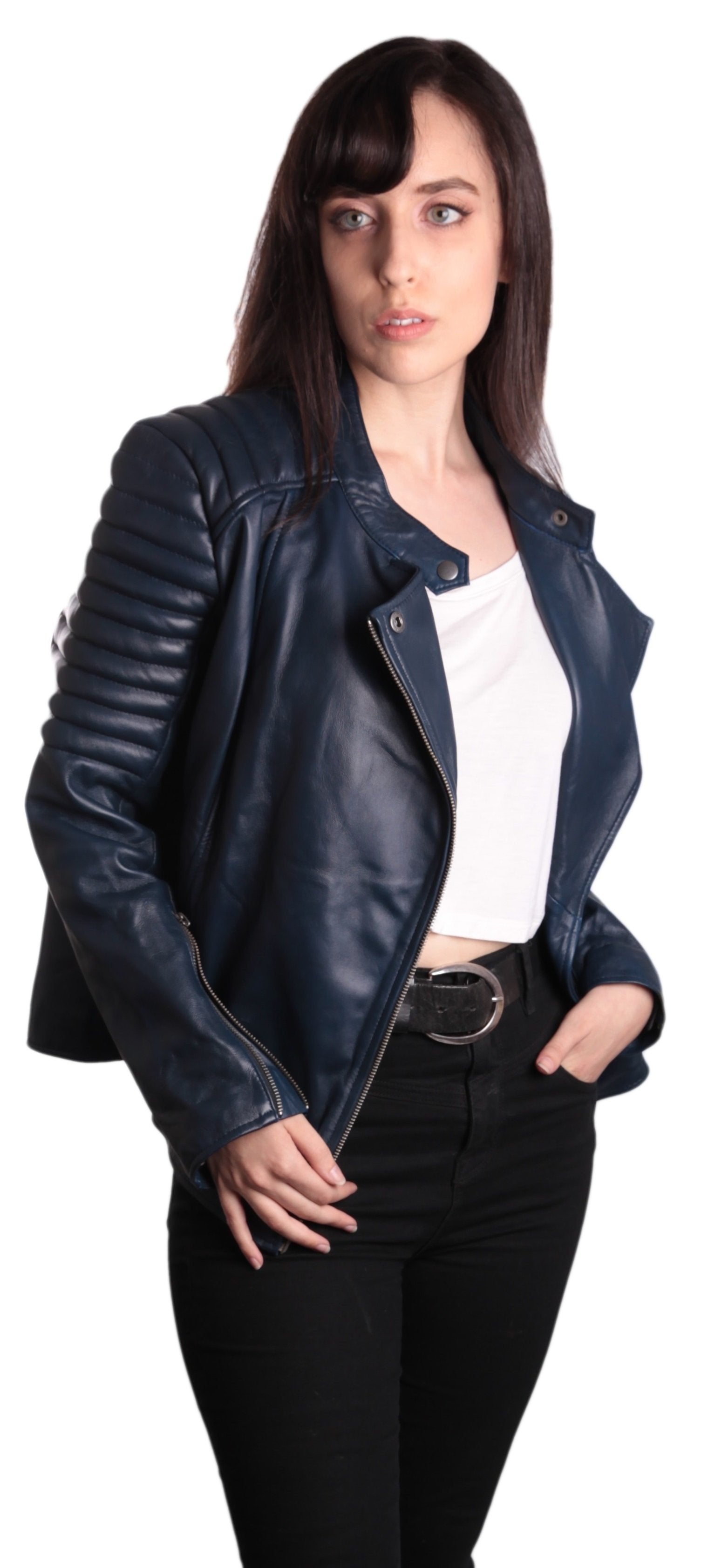 Ladies Bella Navy Blue Carla Leather Jacket Womens Leather ...
