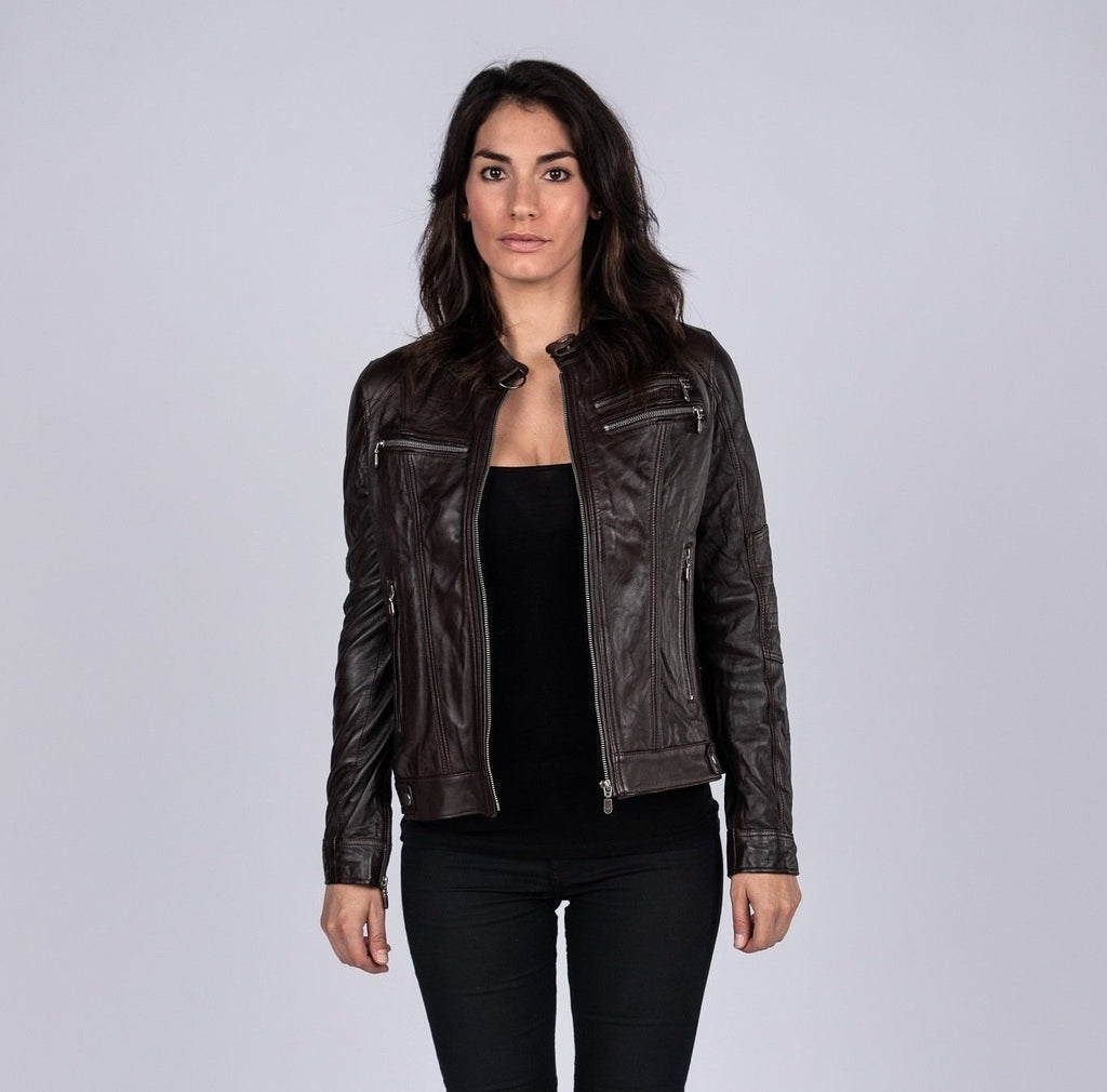 Ladies Elektra Washed Leather Jacket Brown – FAD