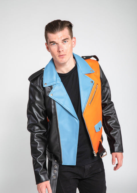 Fad Men's Block Print Moto Style Faux Leather Jacket - Blue/Yellow, M / Blue/Yellow