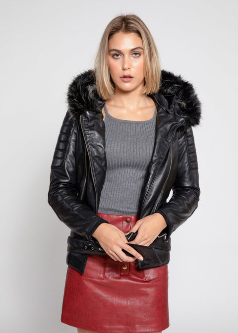 Men's Crimson Black Puffer Winter Down Leather Jacket with Fur – FAD