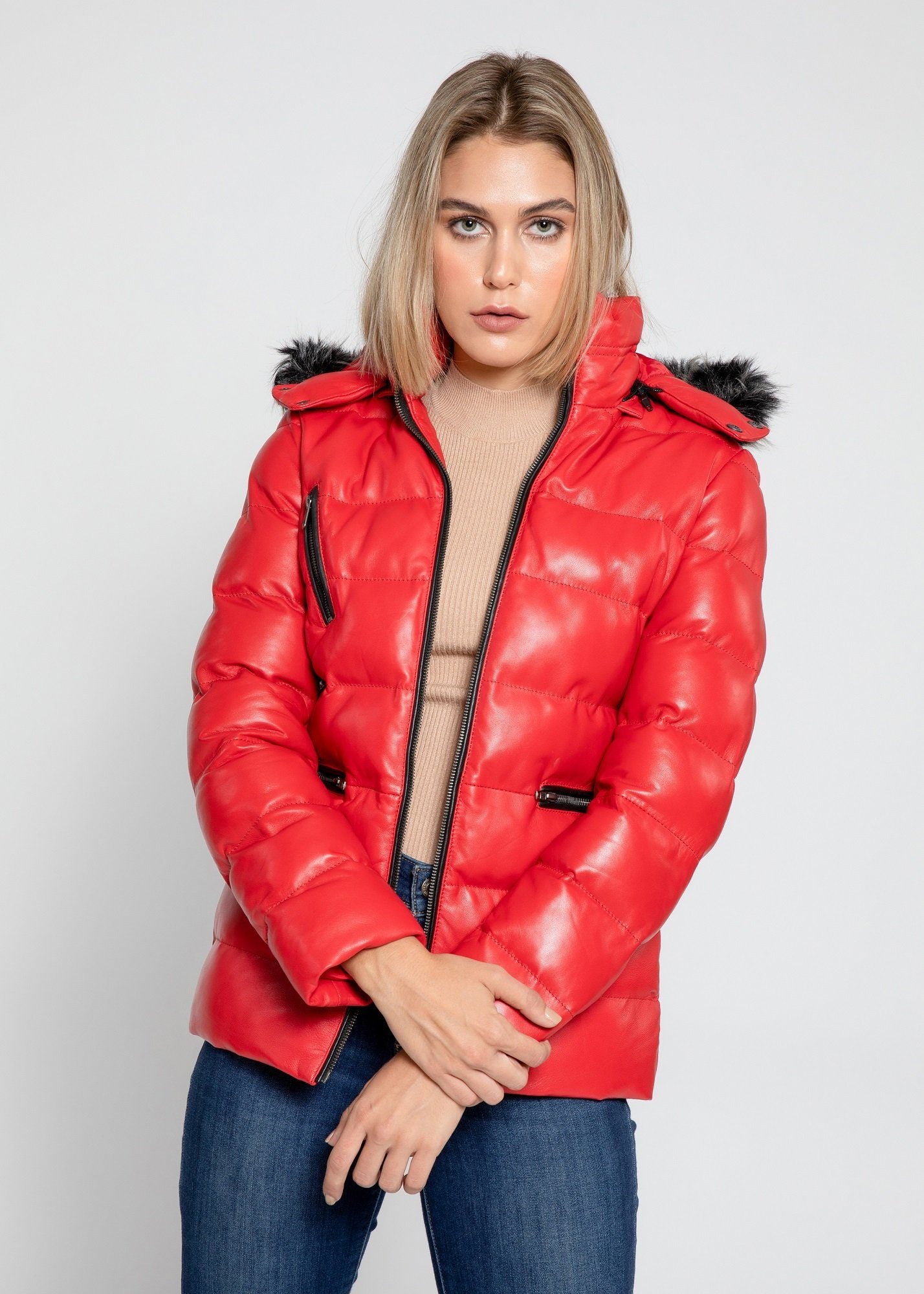 Womens Leather Jacket - Women's Striking Puffer Arctic Red Down Leather ...
