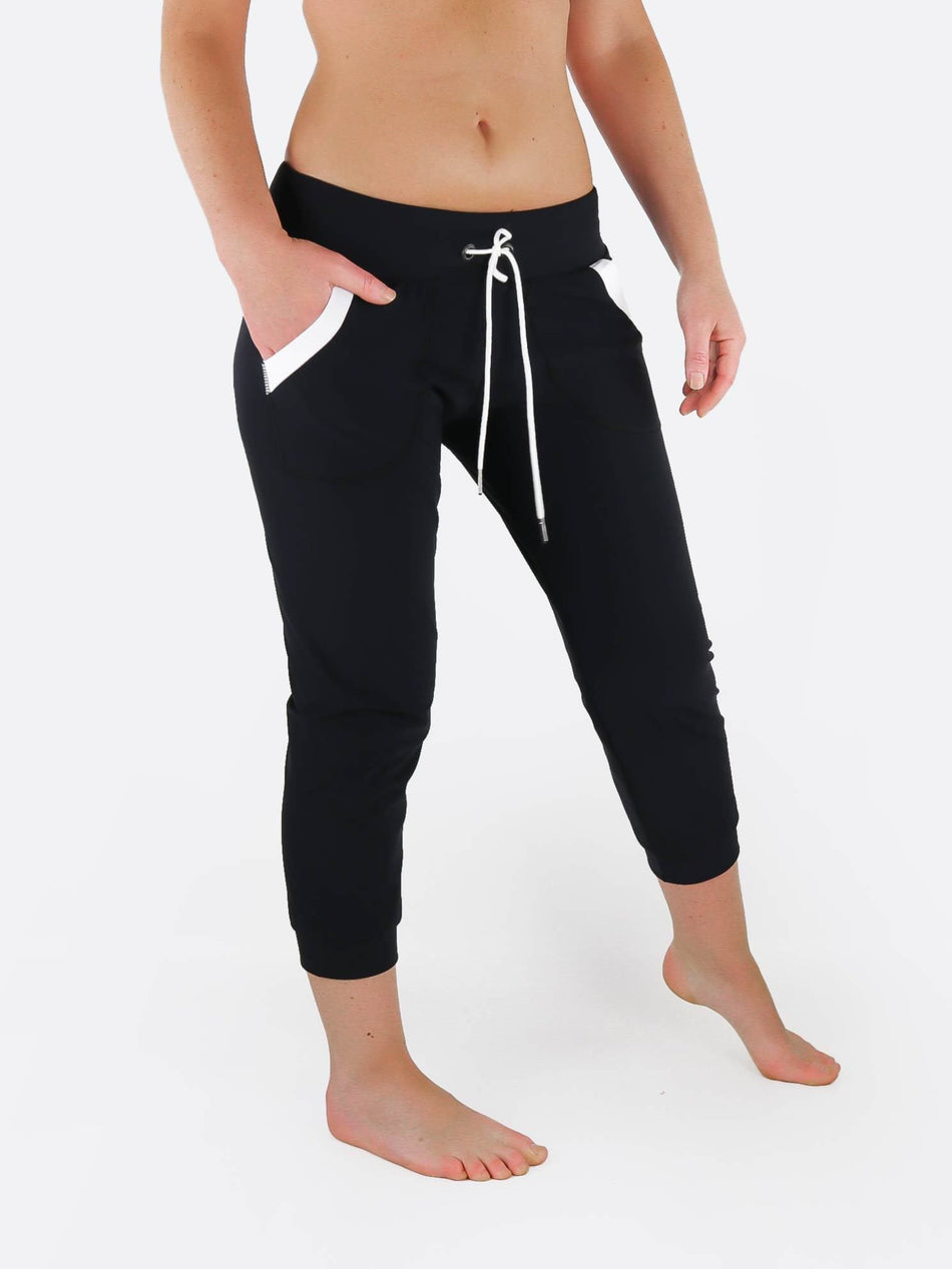 black joggers with white drawstring