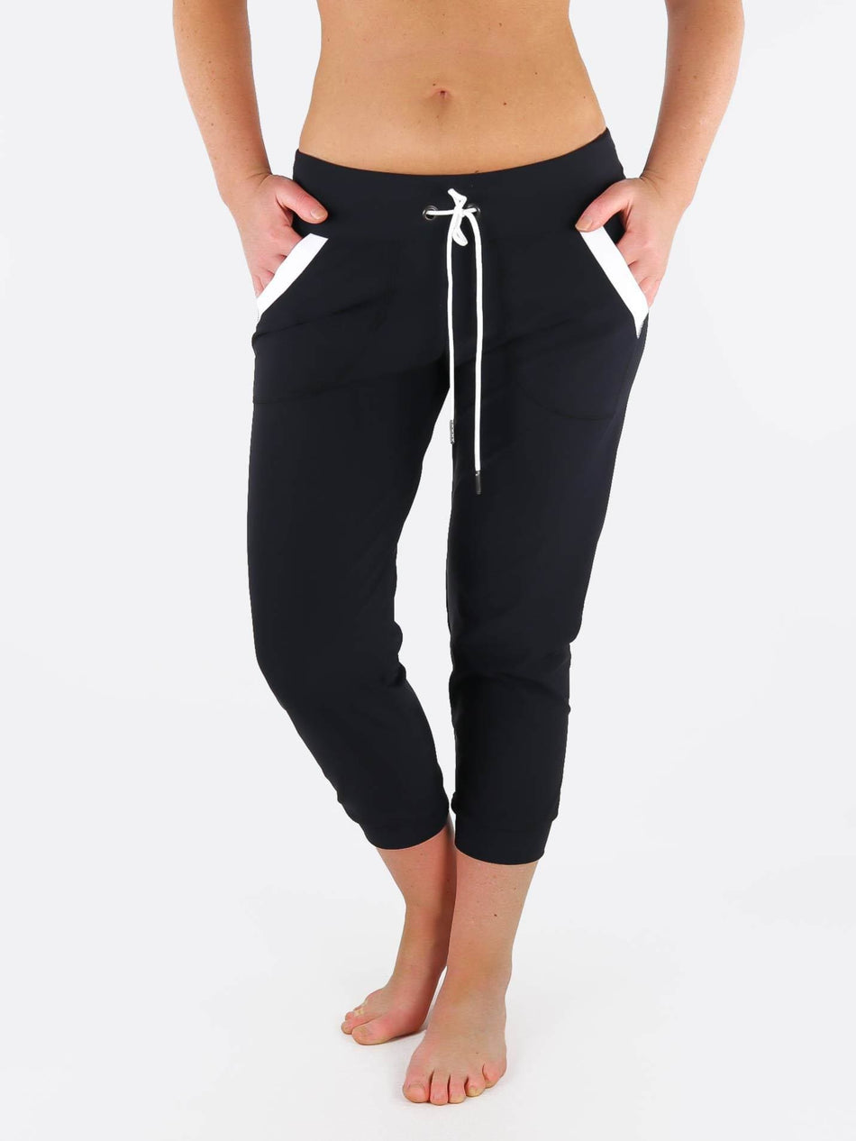 black joggers with white drawstring