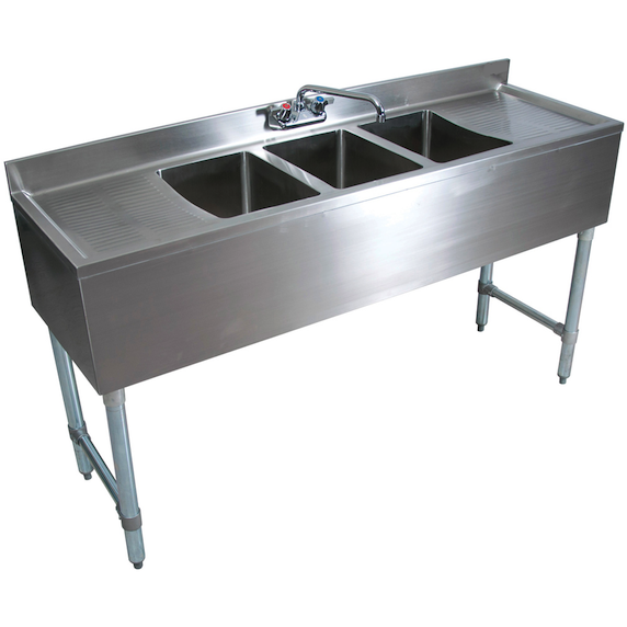 Stainless Steel 3 Compartment Underbar Sink 60 With 2 Drainboards