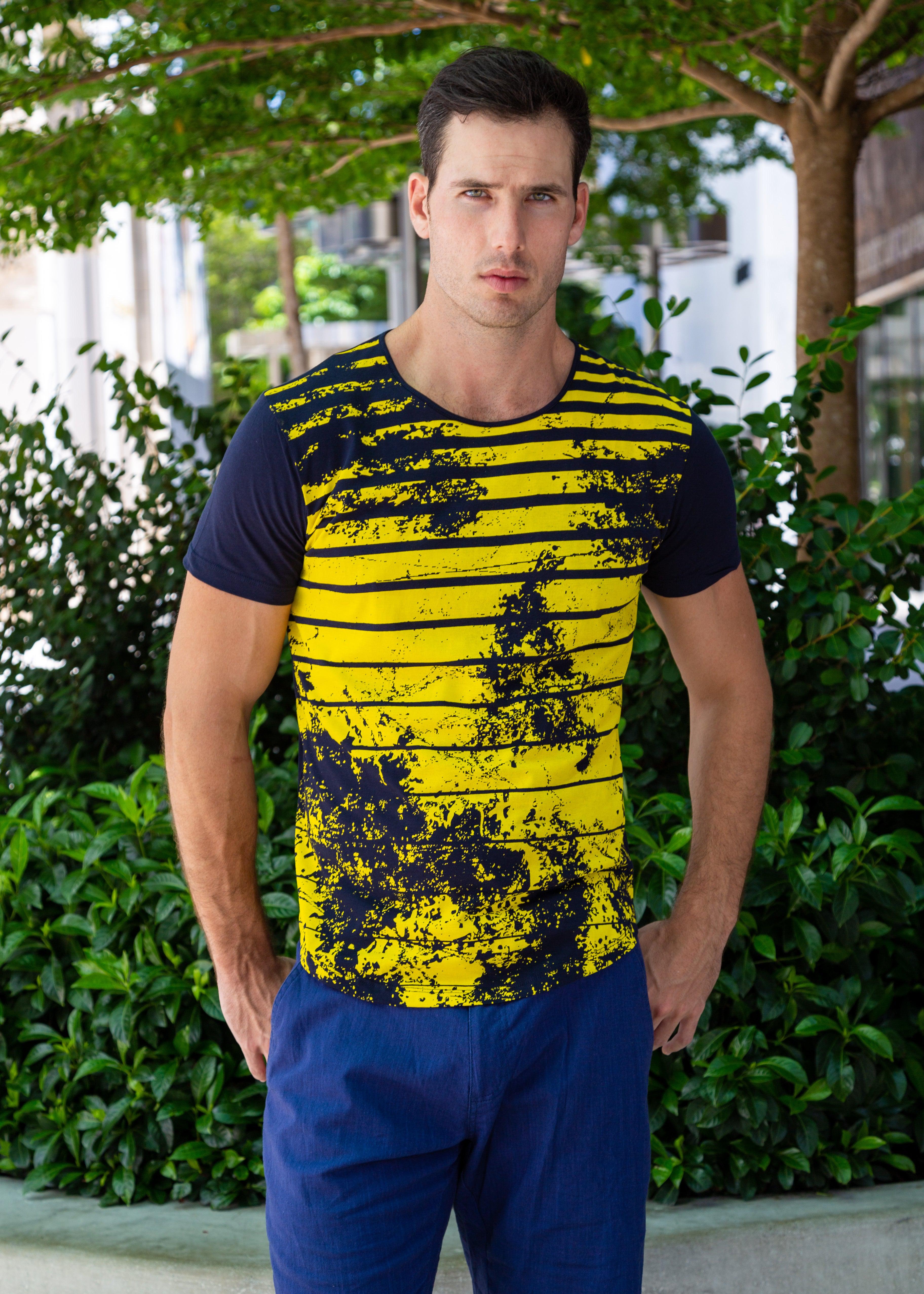 Vintage Yellow Stripe Gradient Graphic Tee Navy