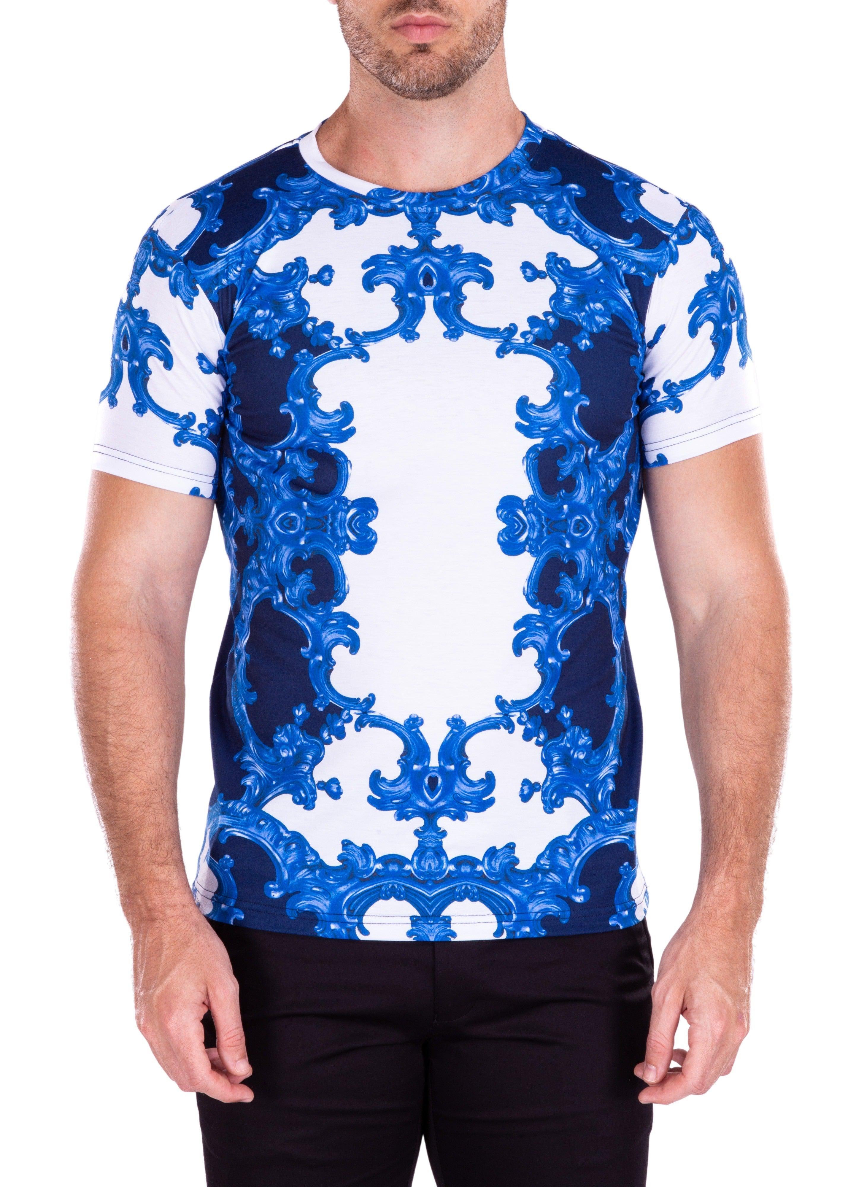 Antique Flourish Abstract Bold Printed All-Over Graphic Tee Blue