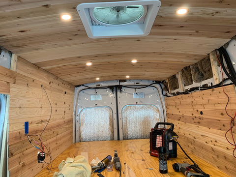 Ford Transit Van Conversion - Ceiling and Wall Cedar installation 