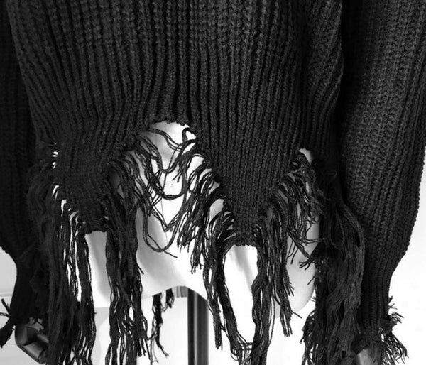 Japanese Harajuku Black Ripped Tassel Knit Sweater KW1710884 ...