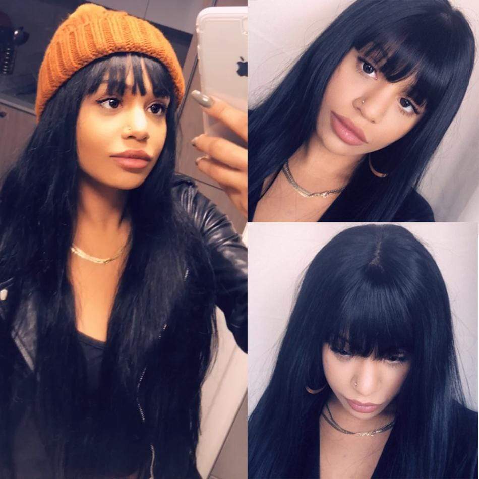 Sleek Straight Human Hair Wigs With Bangs For Black Women Lace