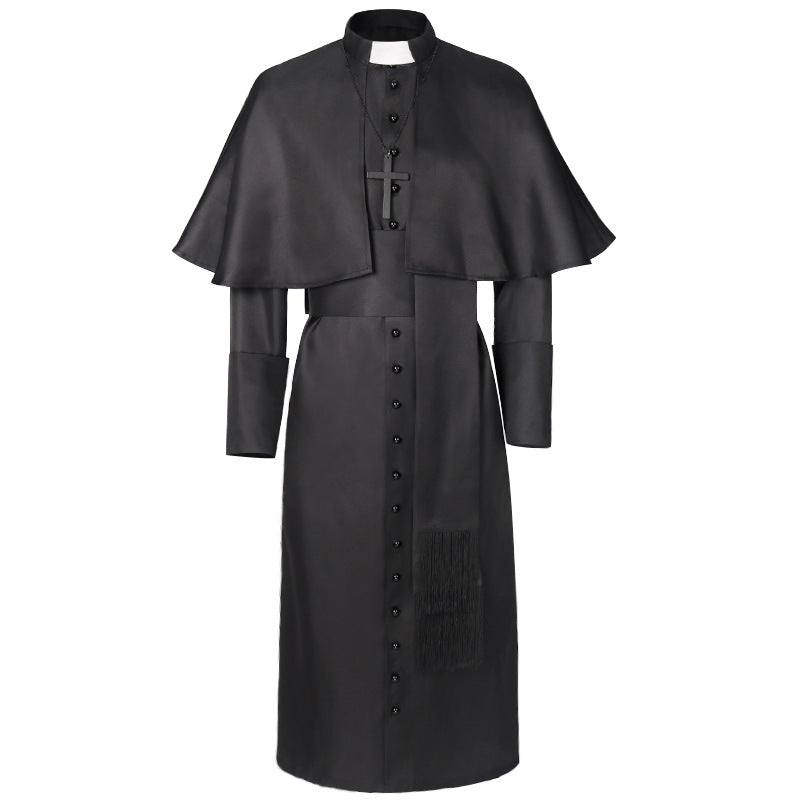 Men's Clergy Robe Black Priest Pulpit Robe Vestments with Belt Cosplay ...