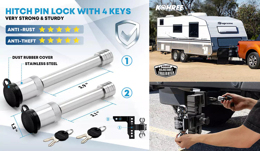 Hitch pin lock with 4 keys of adjustable trailer hitch