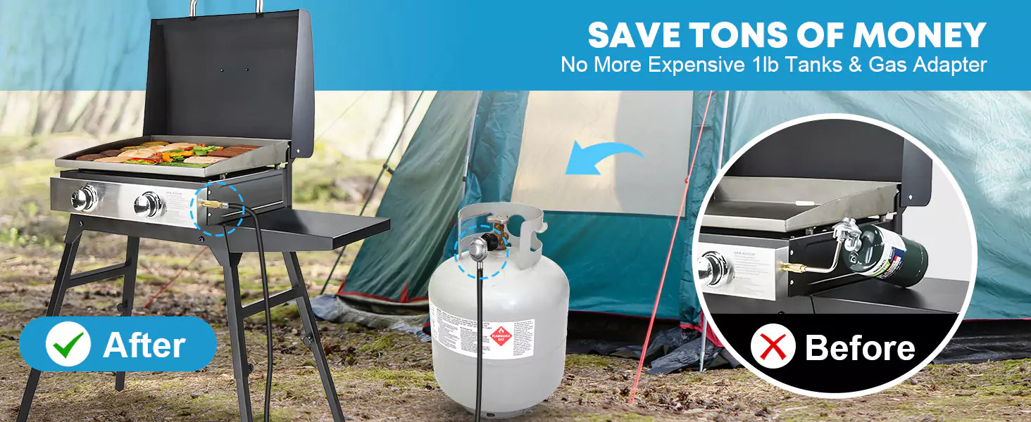 Comparison of lpg hose with regulator and 1 lb tanks and gas adapter