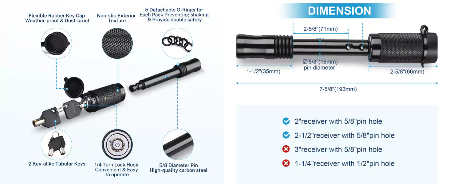 Dimension and features of kohree locking receiver hitch pin