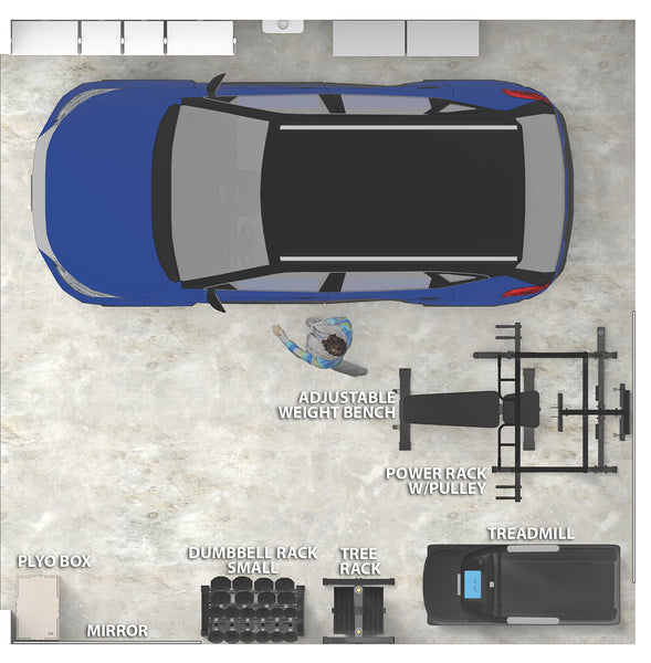 a standard-sized garage with a car on one side and a balanced cardio & weightlifting gym setup on the other