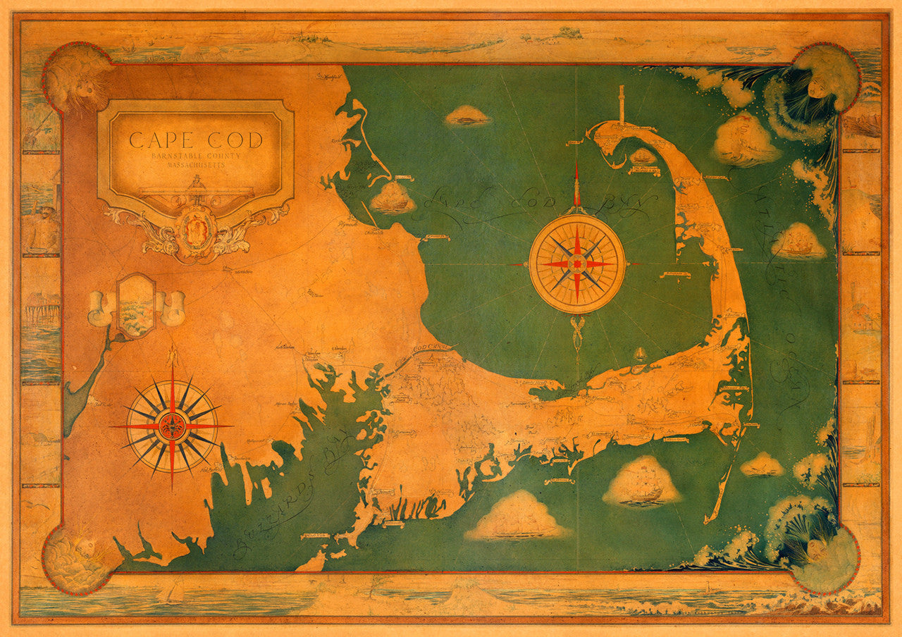 Постер карта. Cape Cod кит Винтаж Постер.