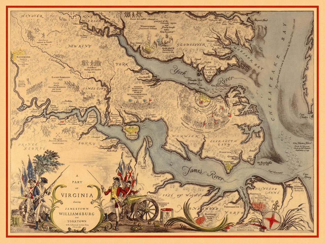 Virginia 1585 1781 Williamsburg Jamestown Yorktown Historical Map