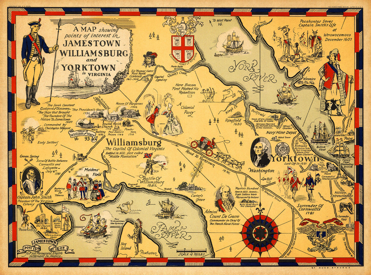 Virginia 1607 1930 Williamsburg Jamestown Yorktown Historical Map