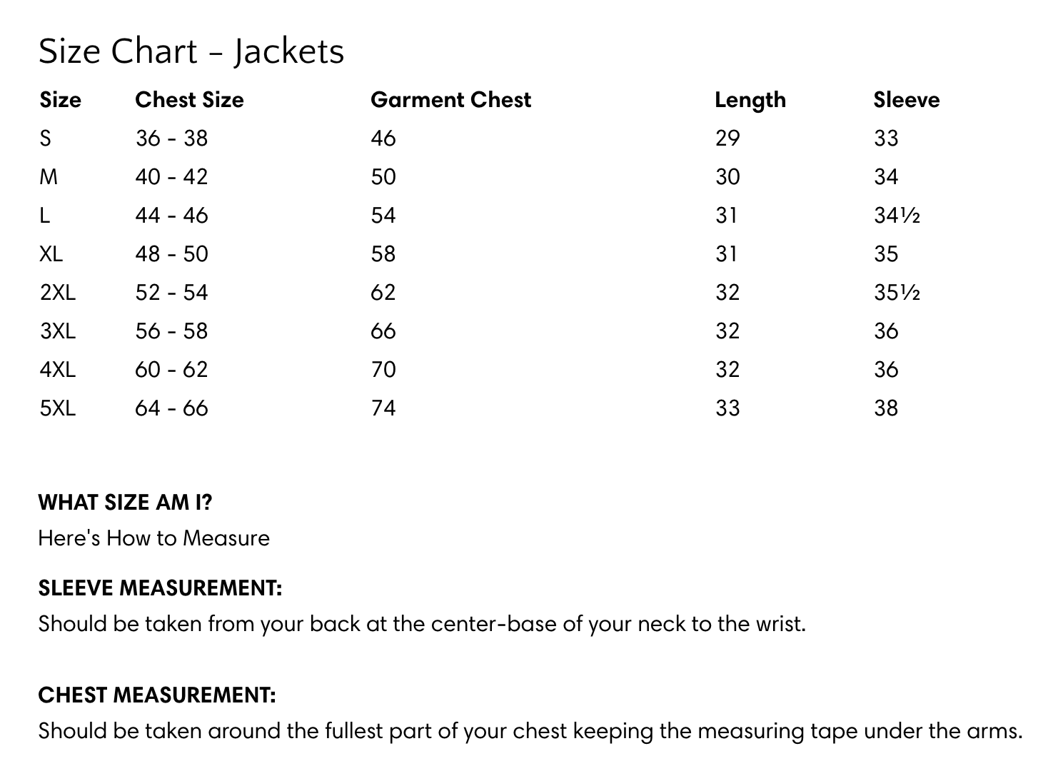 size chart