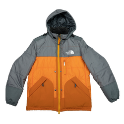 orange and grey north face jacket