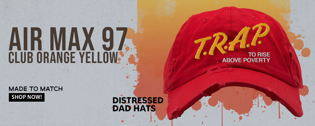 Club Orange Yellow 97s Distressed Dad Hats to match Sneakers | Hats to match Club Orange Yellow 97s Shoes