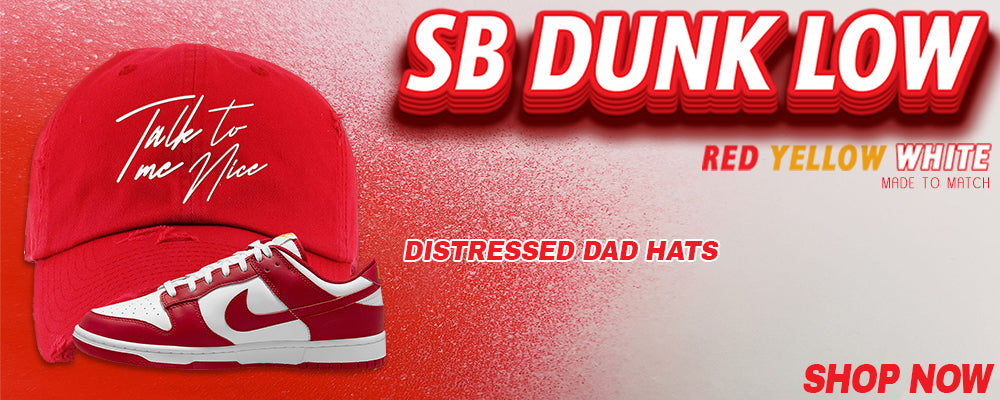 Red White Yellow Low Dunks Distressed Dad Hats to match Sneakers | Hats to match Red White Yellow Low Dunks Shoes