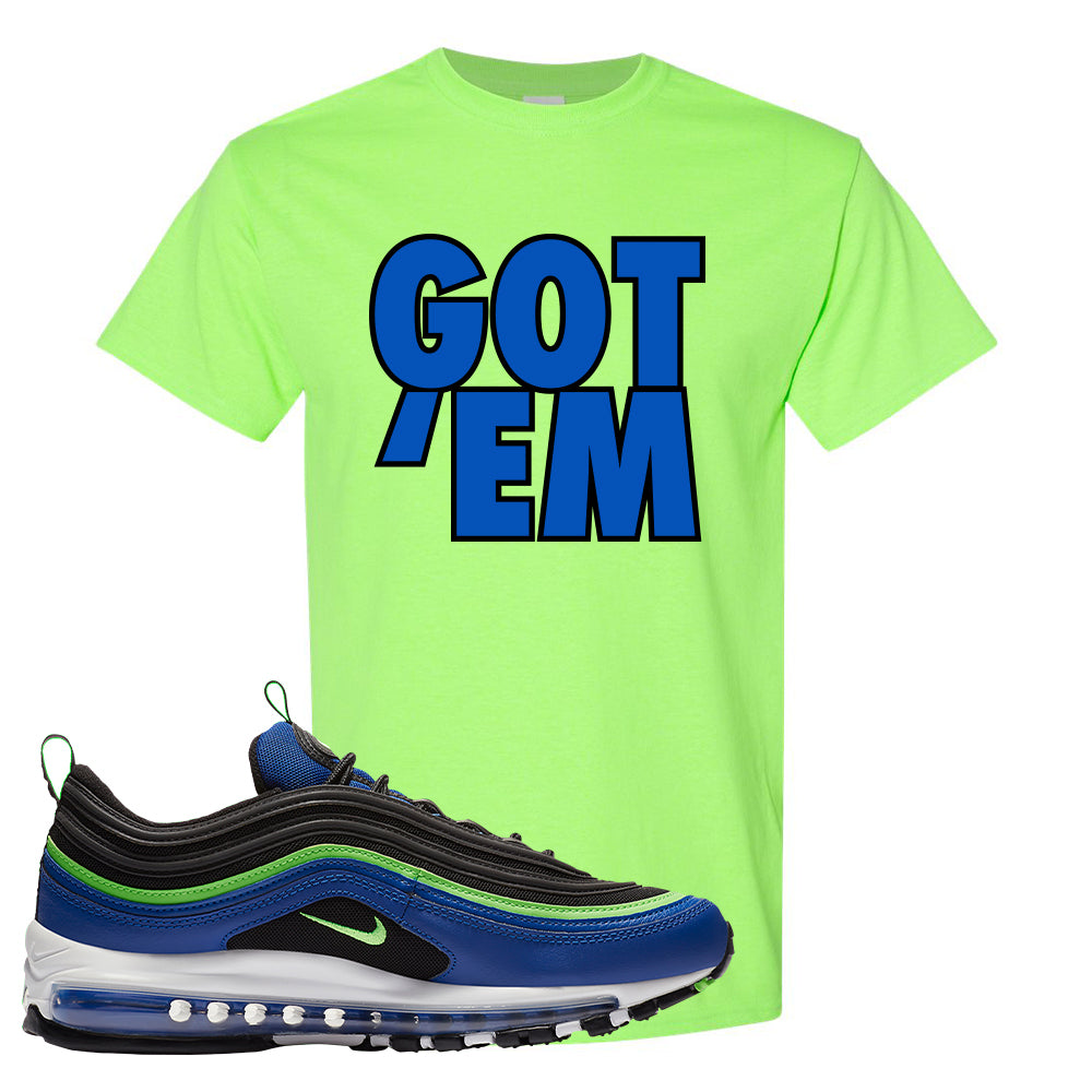 blue and lime green air max 97