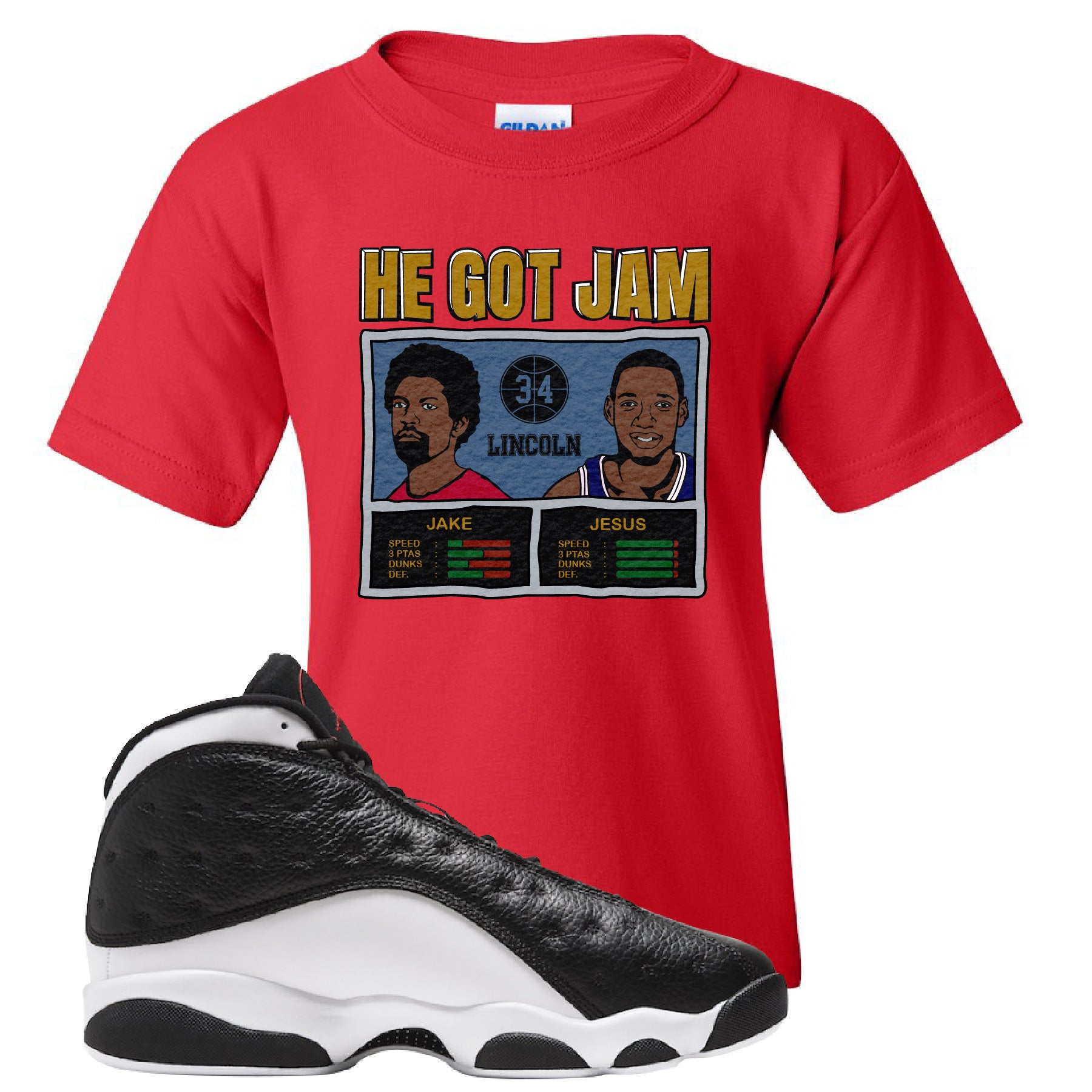 reverse he got game jordan 13 shirt