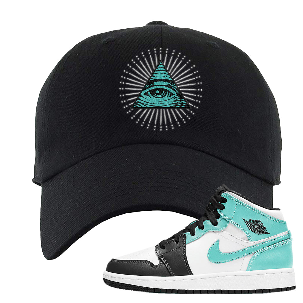 Air Jordan 1 Mid Island Green Igloo Dad Hat All Seeing Eye Black Cap Swag