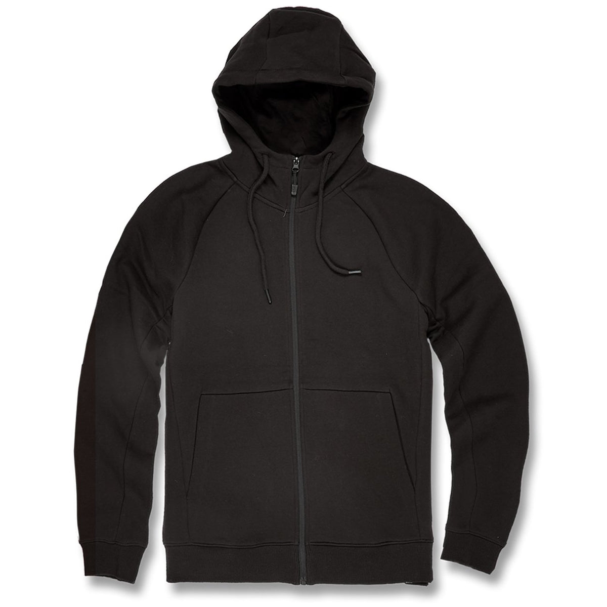 black hoodie with white strings and zipper