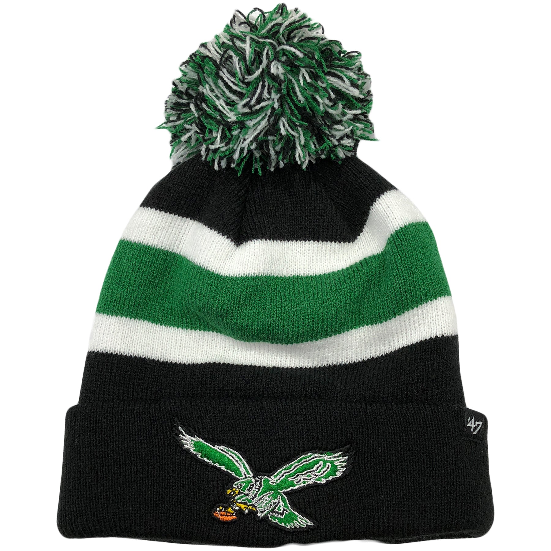 Philadelphia Eagles Throwback Bird Kelly Green Striped Knit Pom Beanie