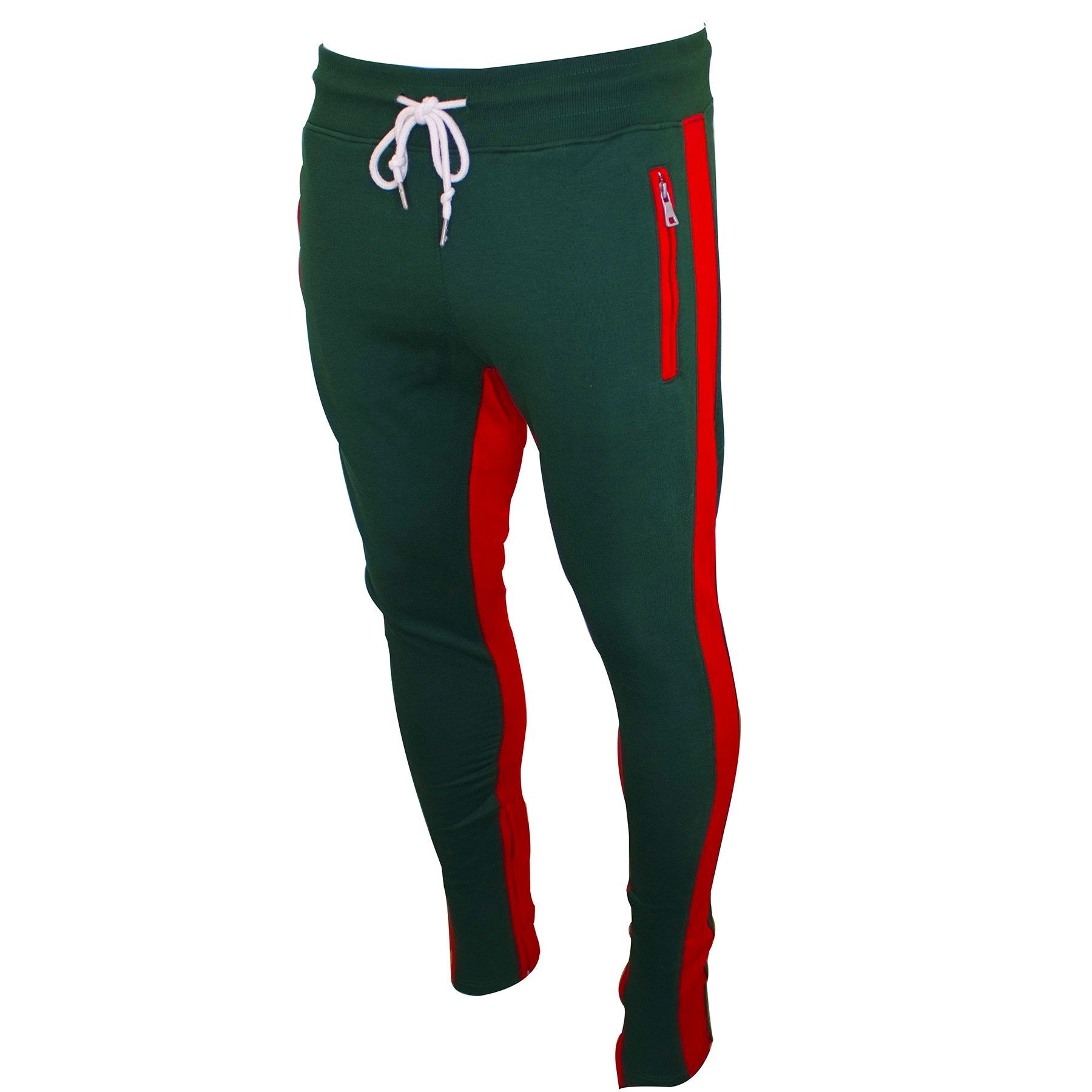 green track pants with red stripe