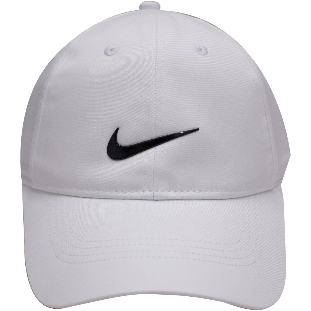 white nike hat with black swoosh